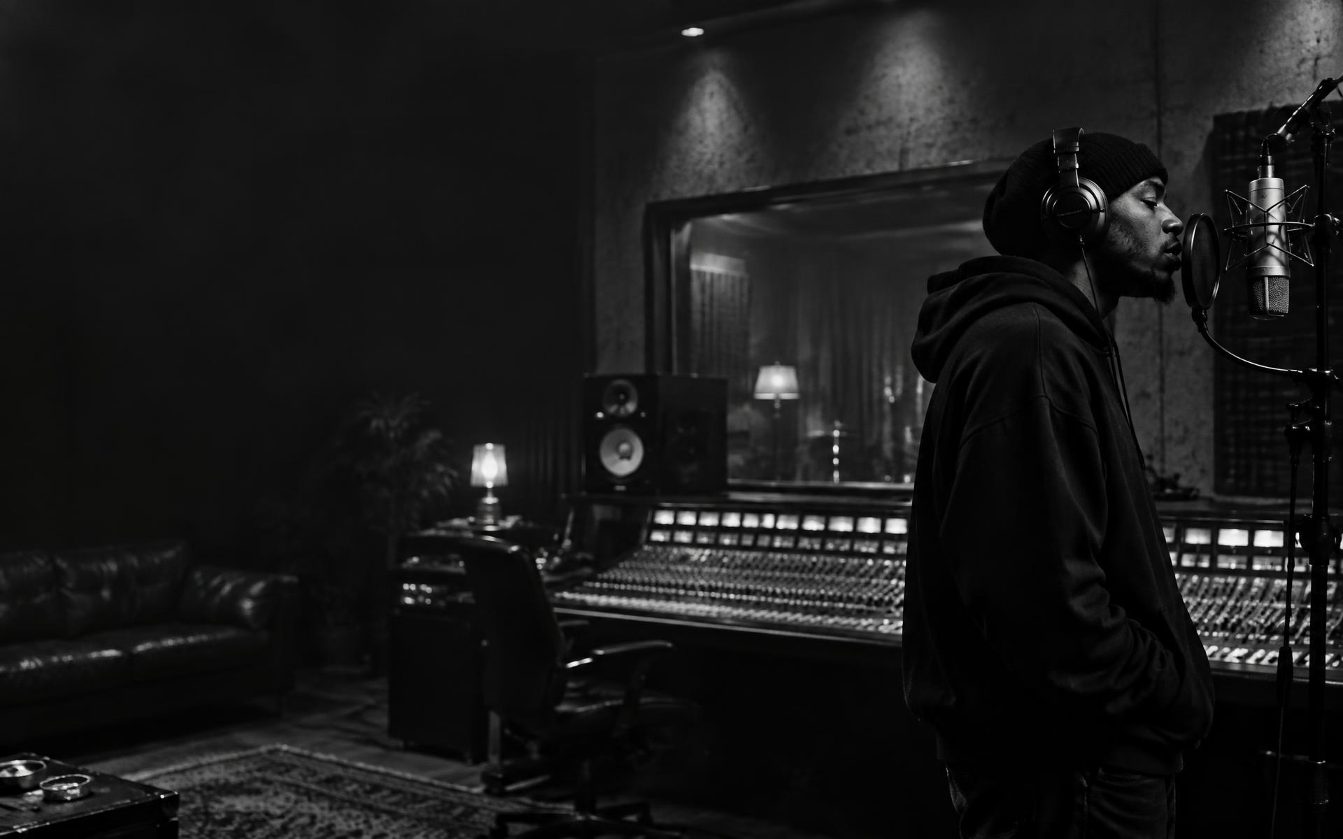 Hip-hop artist recording in a studio